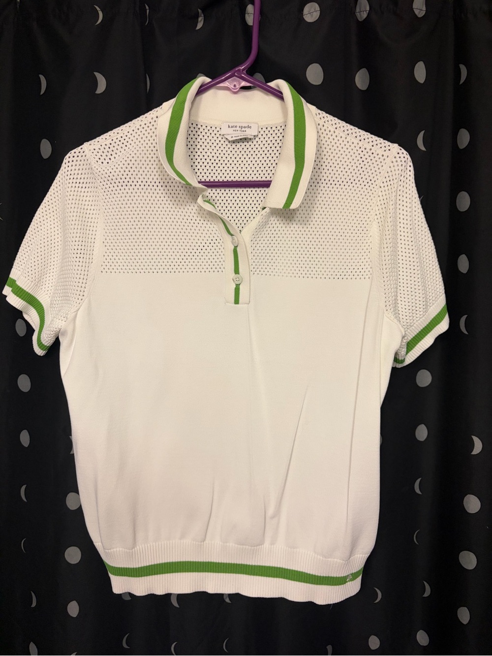 kate spade White Short Sleeve Button Down Polo with Green Trim